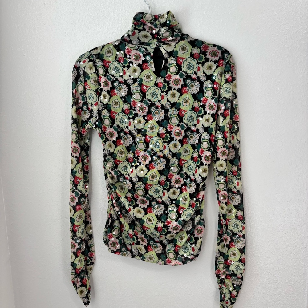 Cinq a Sept Sequin Embellished Shirred Mesh Turtleneck Top Long Sleeve floral - Picture 4 of 9